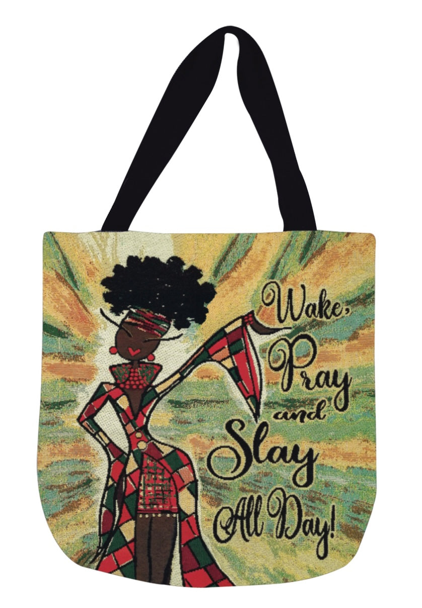 Wake Pray And Slay All Day Woven Tote