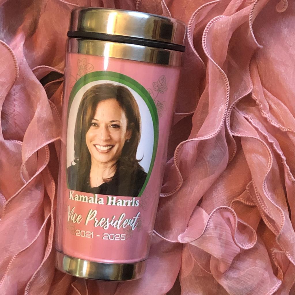 KAMALA HARRIS – PINK & GREEN TRAVEL MUG